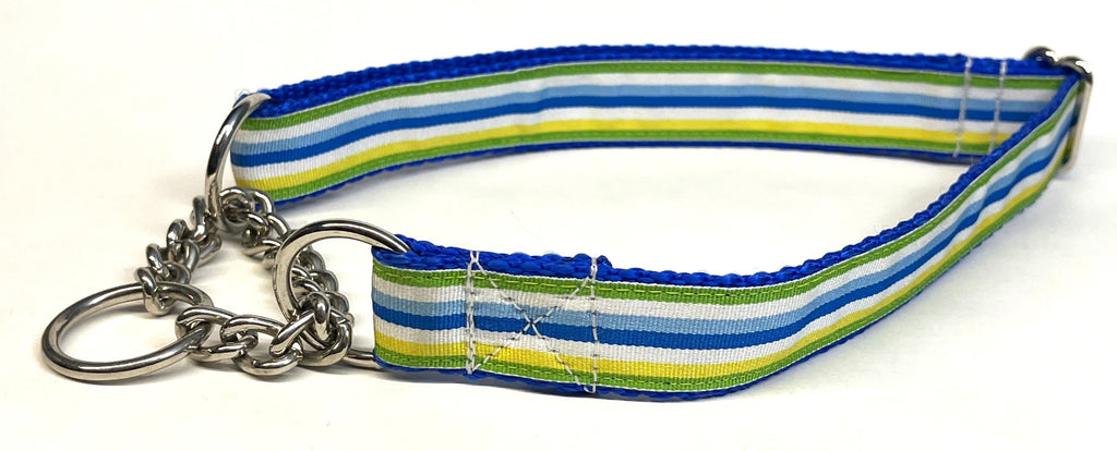 Green, Yellow, White, Blue, and Light Blue Stripe Chain Martingale Collar 1in