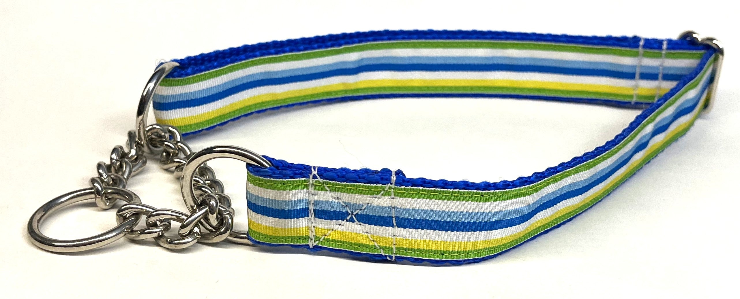 Green, Yellow, White, Blue, and Light Blue Stripe Chain Martingale Collar 1in
