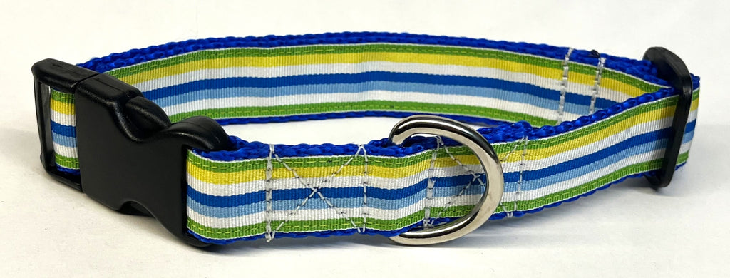 Green, Yellow, White, Blue, and Light Blue Stripe Dog Collar 1in