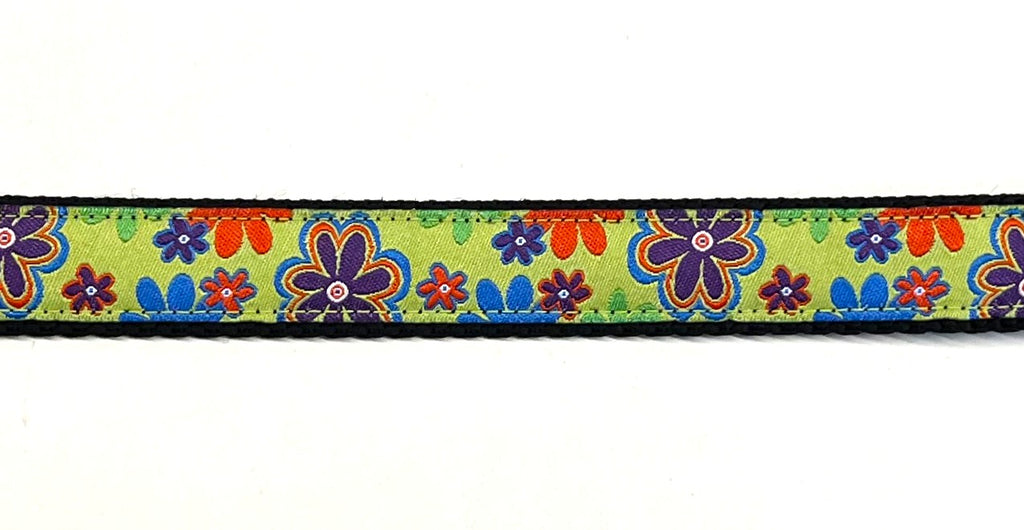 Green with 70s Flowers Dog Collar 3/4 inch on black webbing