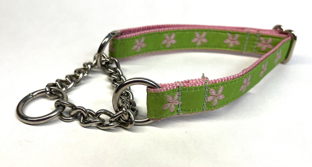 Green with Light Pink Flowers Chain Martingale Collar 3/4