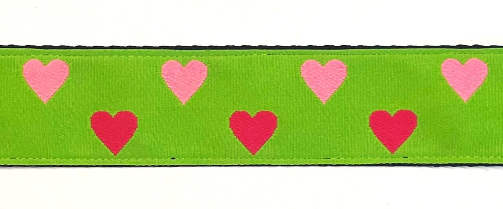 Green with pink and red hearts dog collar 1 1/2 in