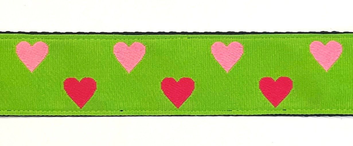 Green with pink and red hearts dog collar 1 1/2 in