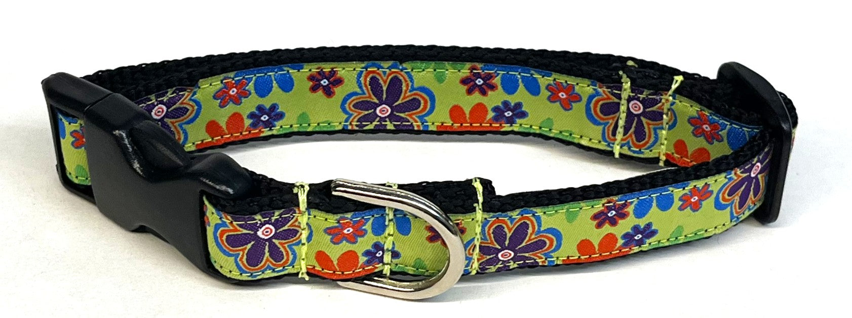 Green with 70s Flowers Dog Collar 3/4