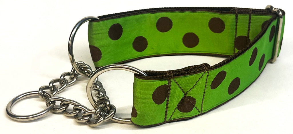 Lime Green with Brown Dots Chain Martingale Collar 1 1/2 in