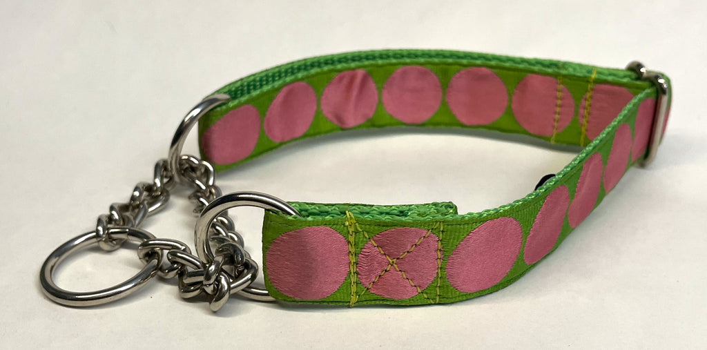 Green with Light Pink Large Dot Chain Martingale Collar 1in