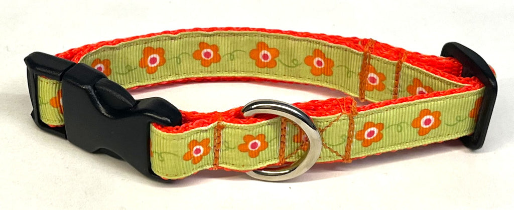 Green with Orange Flowers Dog Collar 3/4