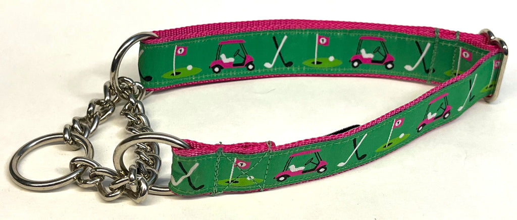 Green with Pink Golf Carts Chain Martingale Collar 1in