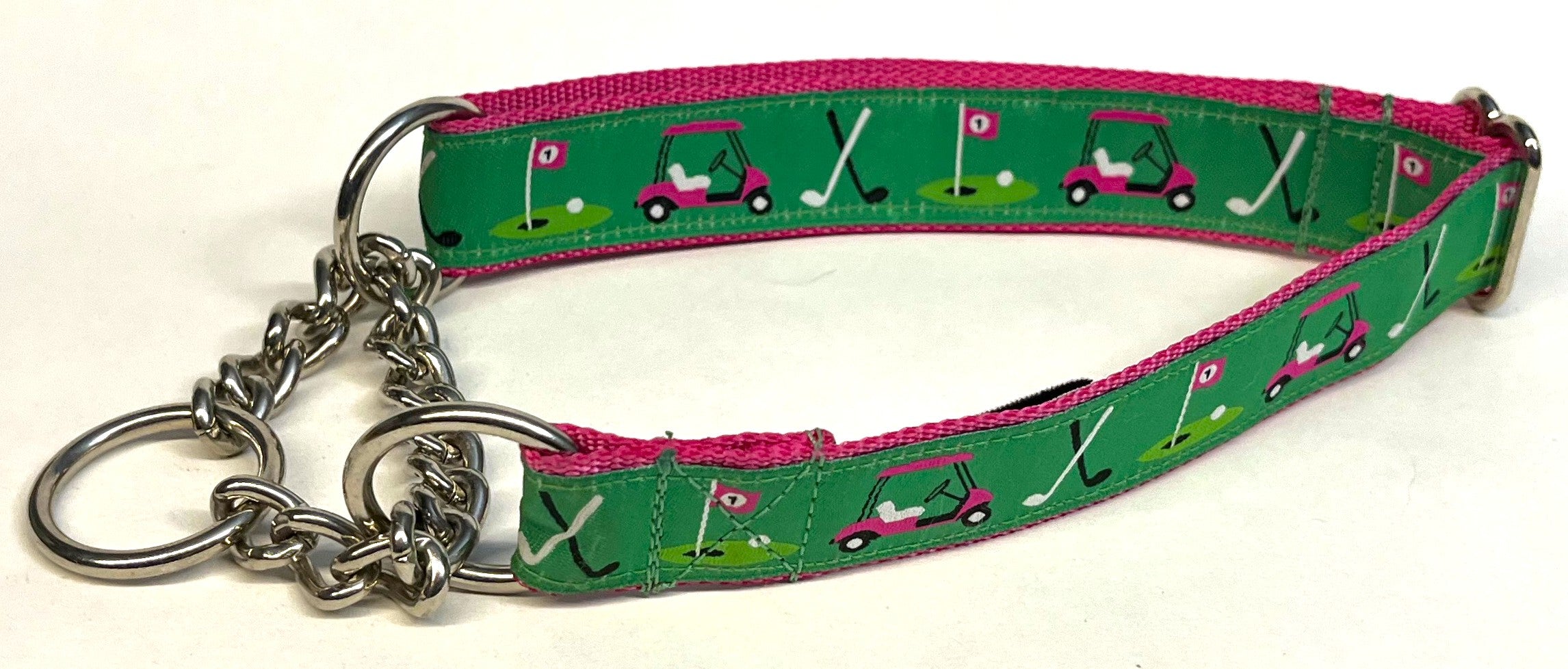 Green with Pink Golf Carts Chain Martingale Collar 1in