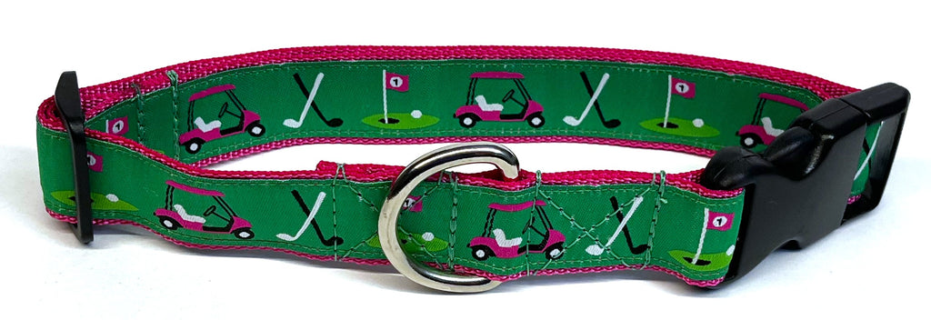 Green with Pink Golf Carts Dog Collar 1in