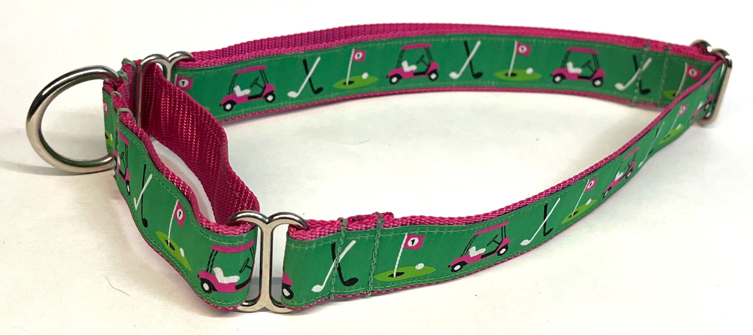 Green with Pink Golf Carts Martingale Collar 1in