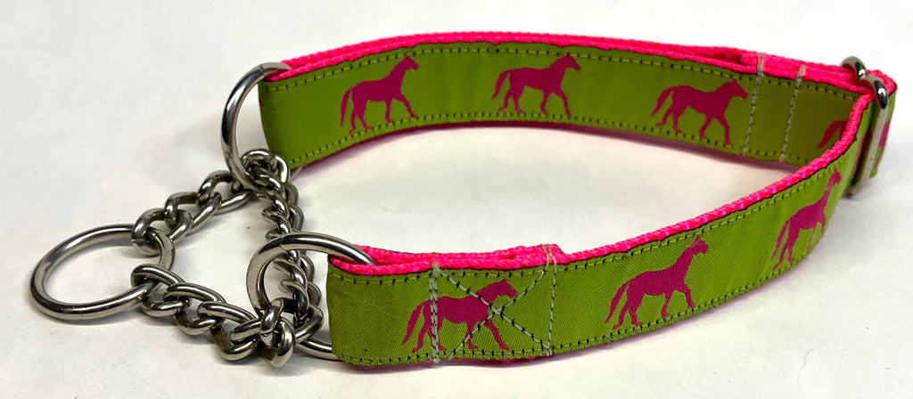 Green with Pink Horses Chain Martingale Collar 1in