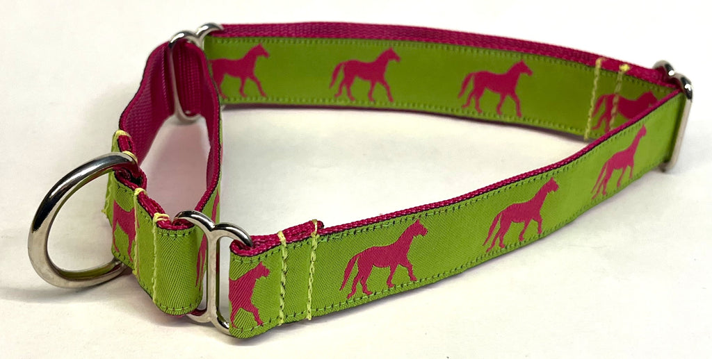 Green with Pink Horses Martingale Collar 1in