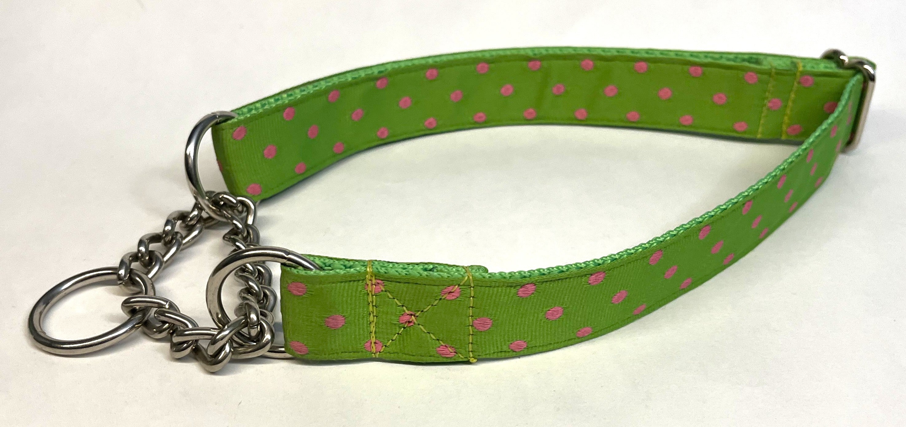Green with Pink Polka Dots Chain Martingale Collar 1in