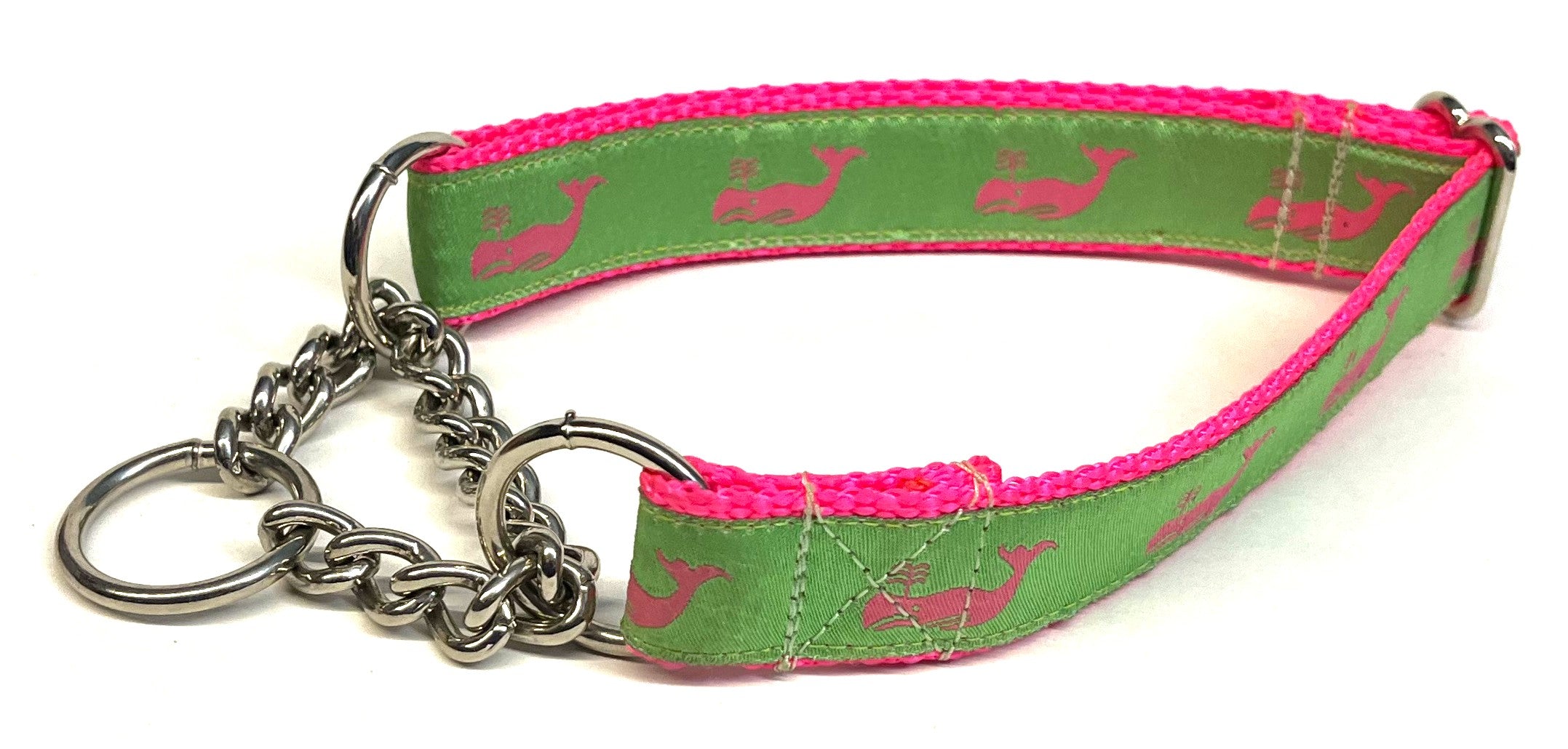 Green with Pink Whales Chain Martingale Collar 1in