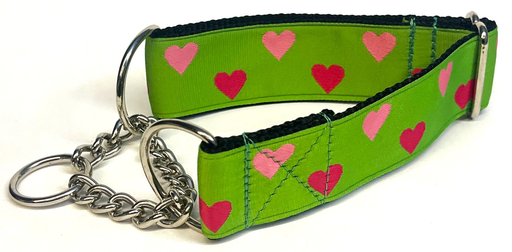 Green with Pink and Light Pink Hearts Chain Martingale Collar 1 1/2 in