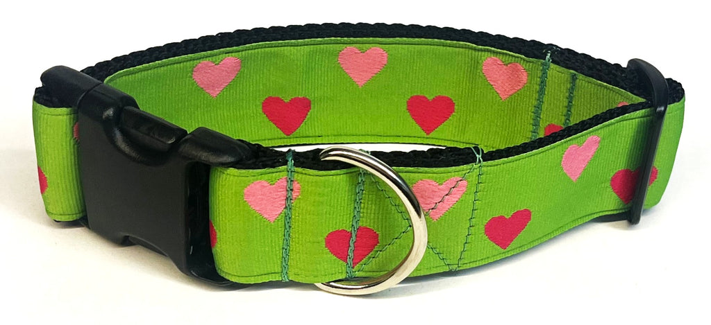 Green with Pink and Light Pink Hearts Dog Collar 1 1/2 in