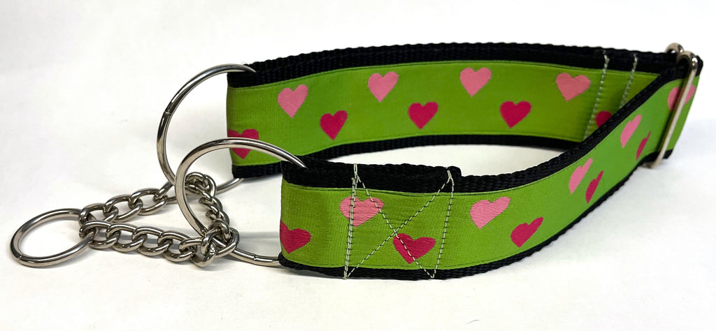 Green with Pink and Light Pink Hearts Chain Martingale Collar 2in