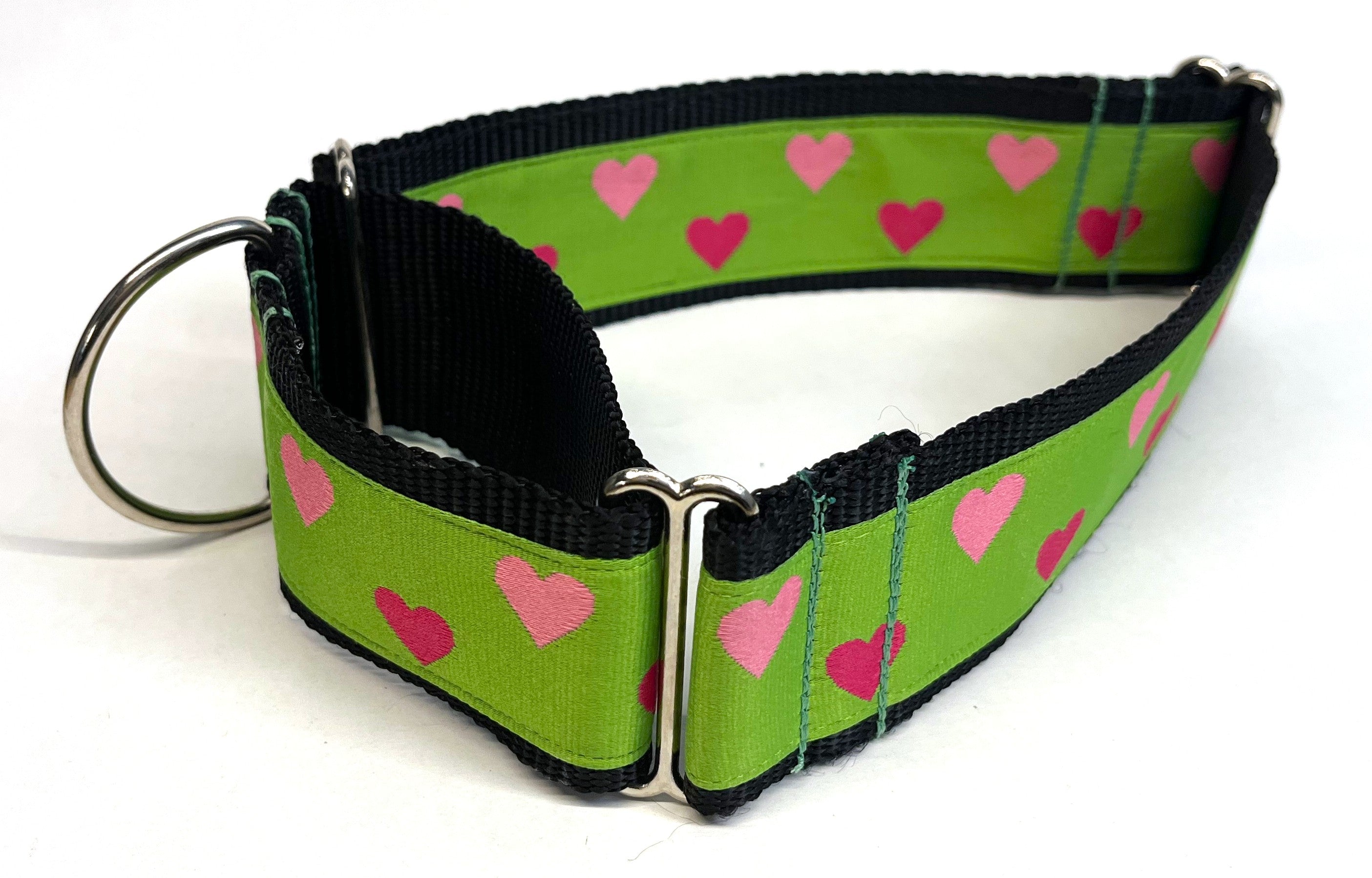 Green with Pink and Light Pink Hearts Martingale Collar 2in