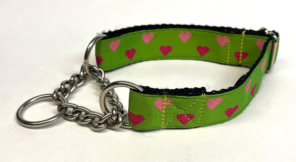 Green with Pink and Light Pink Hearts Chain Martingale Collar 1in