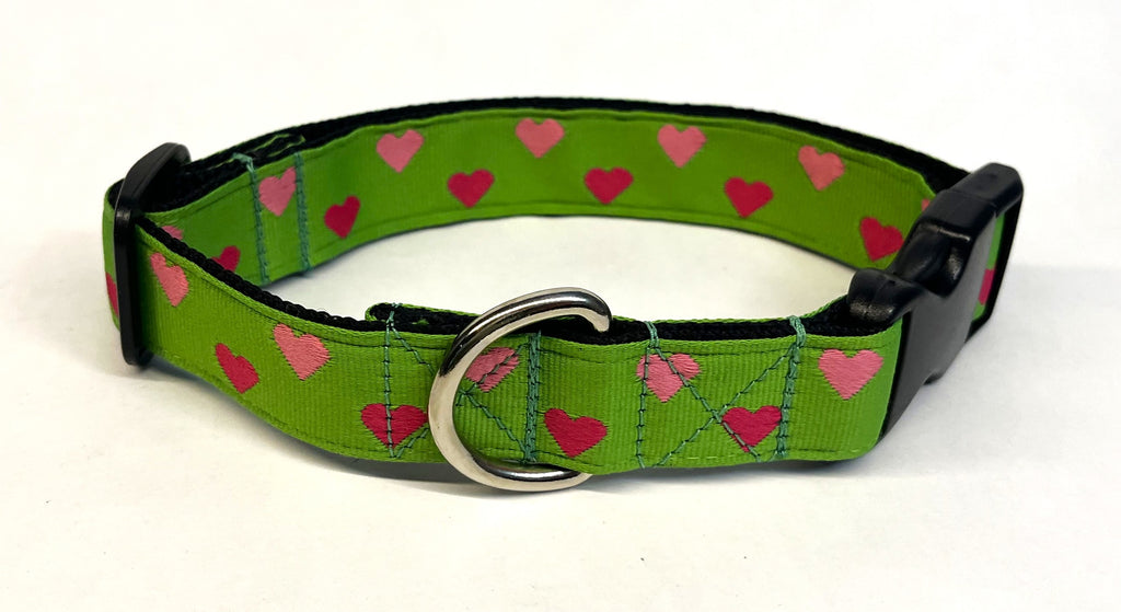 Green with Pink and Light Pink Hearts Dog Collar 1in