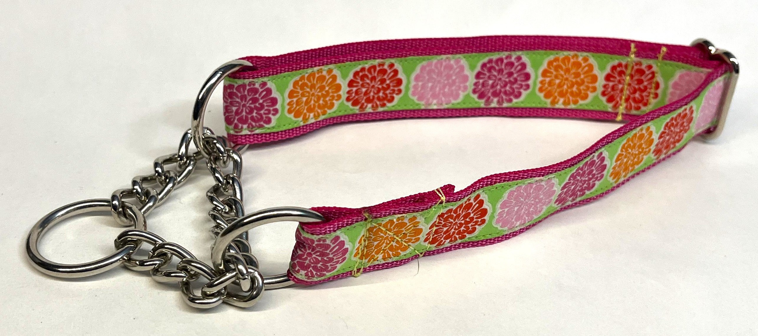 Green with Pink, Light Pink, Orange and Red Flowers Chain Martingale Collar 1in