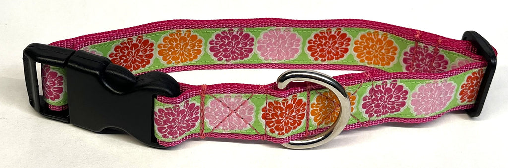 Green with Pink, Light Pink, Orange and Red Flowers Dog Collar 1in