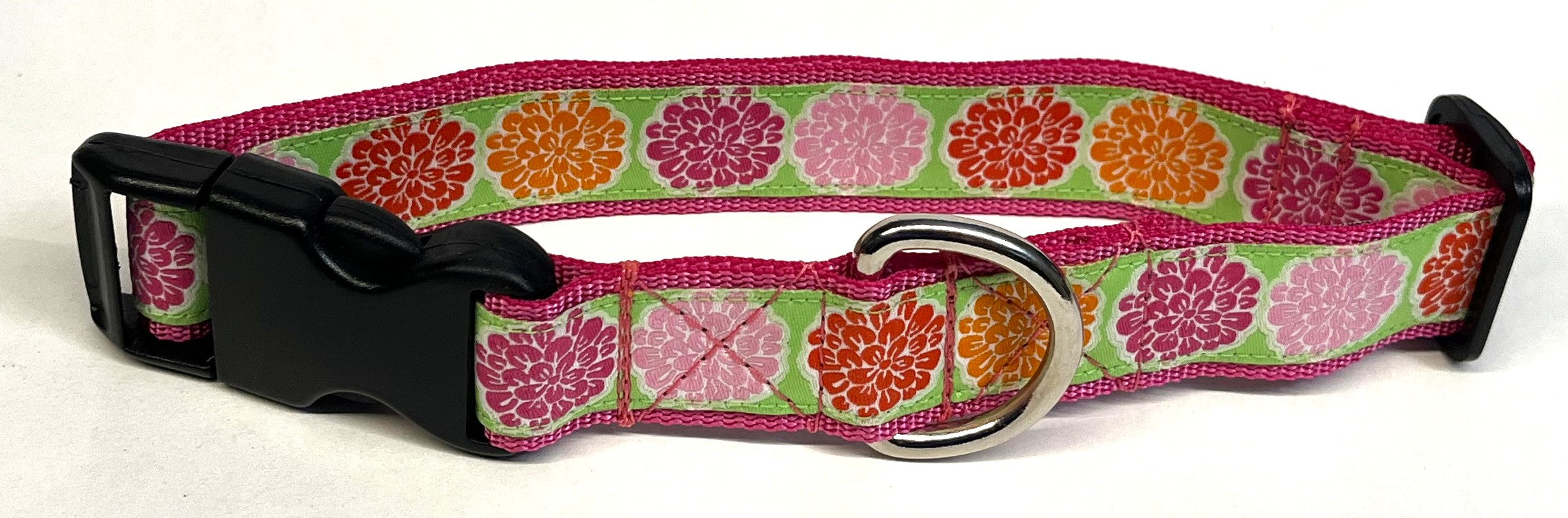 Green with Pink, Light Pink, Orange and Red Flowers Dog Collar 1in