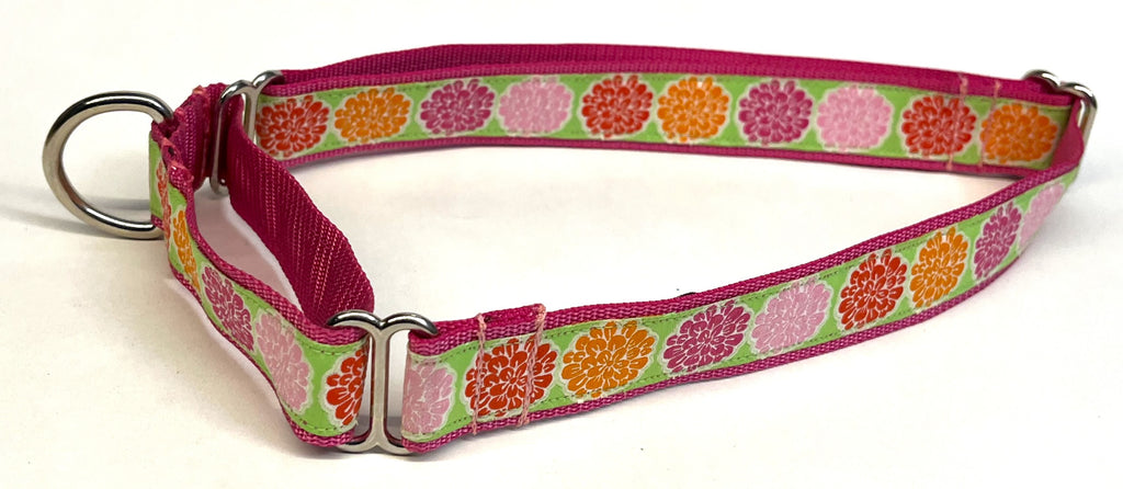 Green with Pink, Light Pink, Orange and Red Flowers Martingale Collar 1in