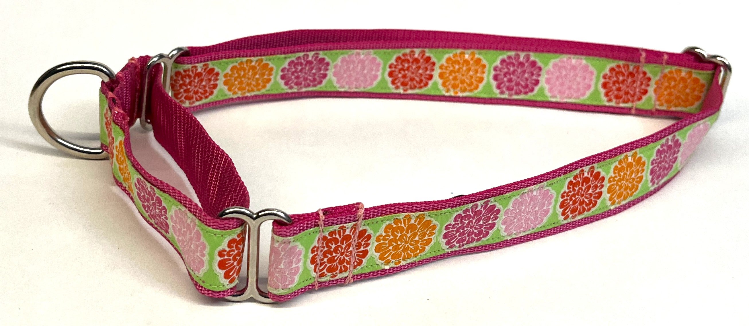 Green with Pink, Light Pink, Orange and Red Flowers Martingale Collar 1in
