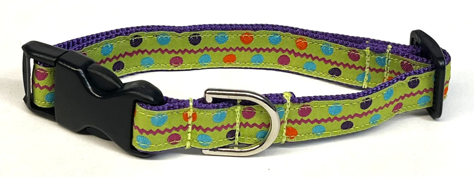 Green with Pink Zigzag and Orange, Blue, Purple, Pink Dots Dog Collar 3/4