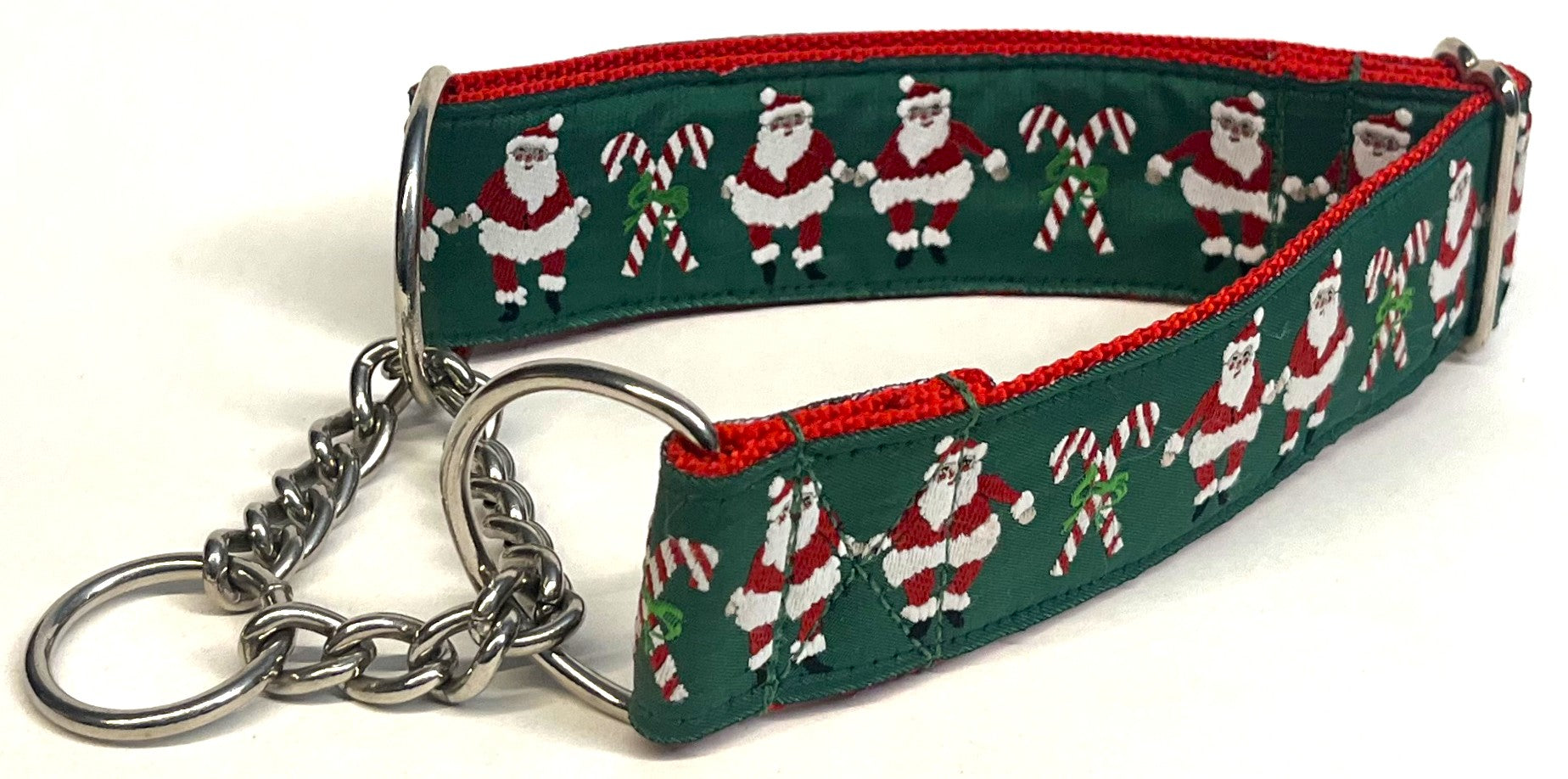 Green with Santa and Candy Canes Chain Martingale Collar 1 1/2 in