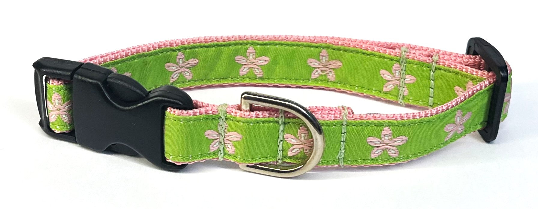 Green with Light Pink Flowers Dog Collar 3/4