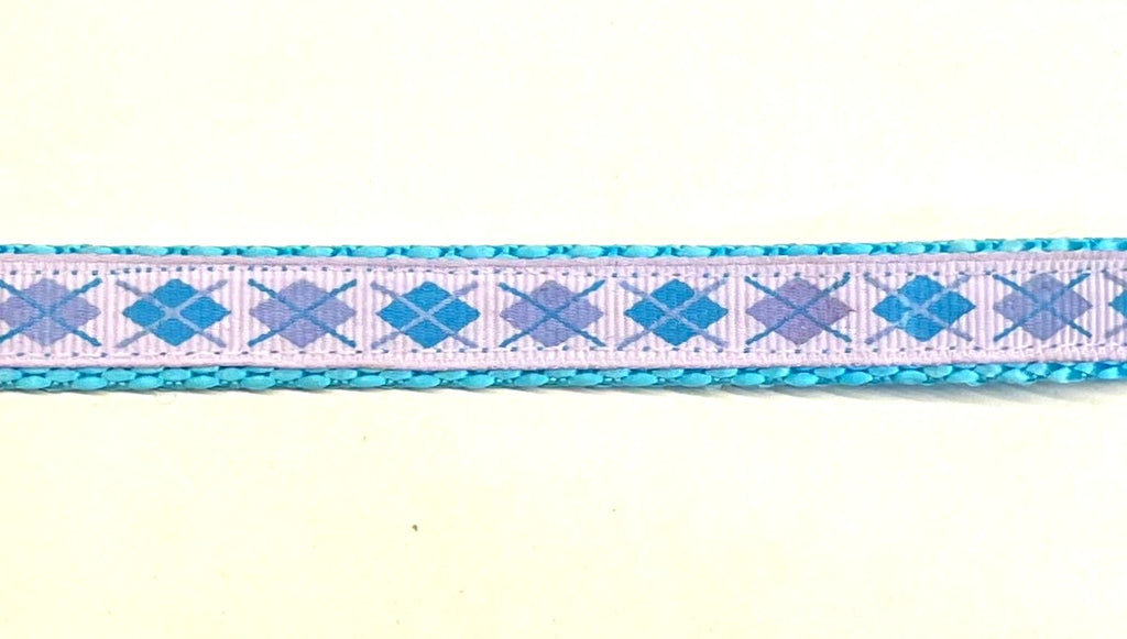 Lavender ribbon with blue and purple argyle design on turquoise webbing dog collar