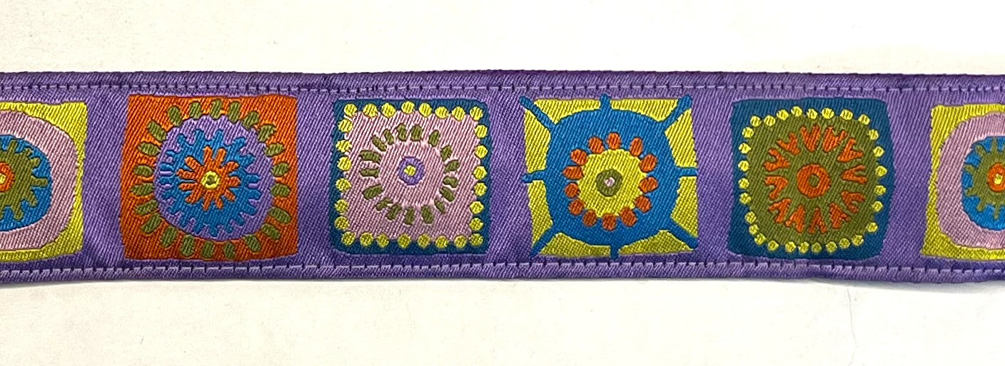 Lavender with Blue, Yellow, Pink, and Red Square Designs Dog Collar 1 1/2 in