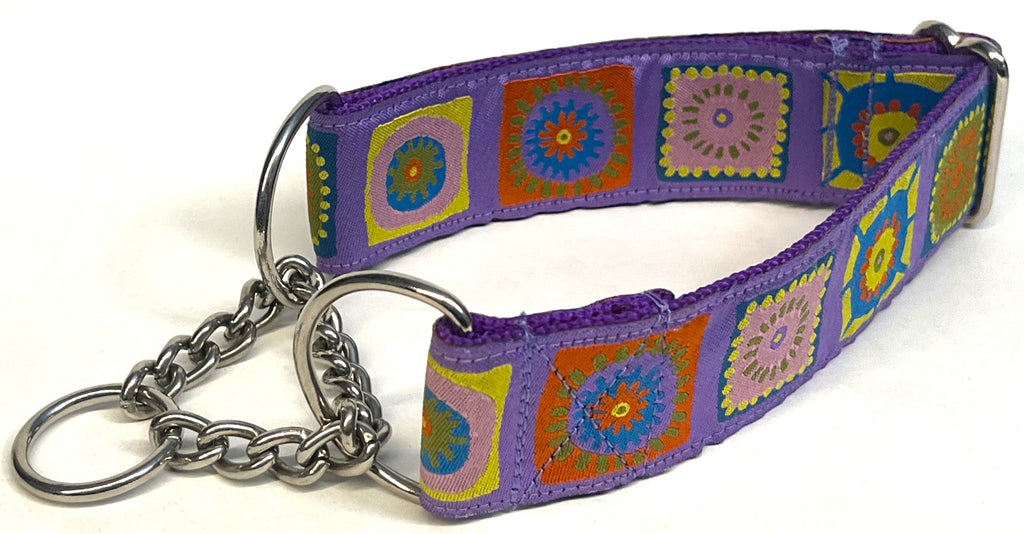 Lavender with Blue, Yellow, Pink, Red, and Olive Green Square Designs Chain Martingale Collar 1 1/2 in