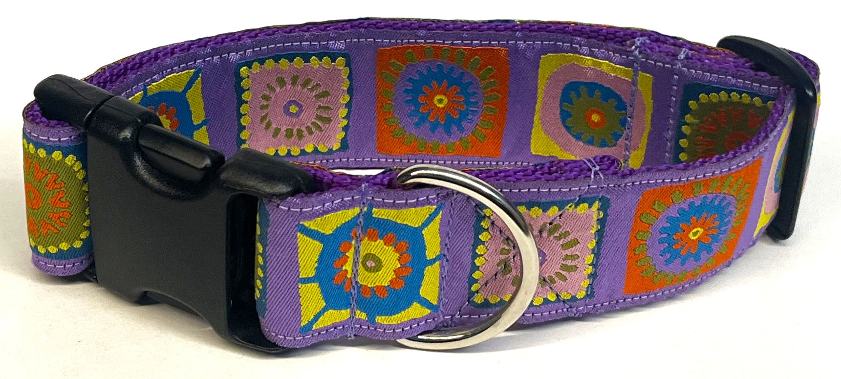 Lavender with Blue, Yellow, Pink, Red, and Olive Green Square Designs Dog Collar 1 1/2 in