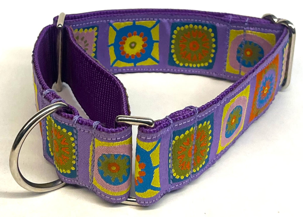 Lavender with Blue, Yellow, Pink, Red, and Olive Green Square Designs Martingale Collar 1 1/2 in
