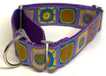 Lavender with Blue, Yellow, Pink, Red, and Olive Green Square Designs Martingale Collar 1 1/2 in