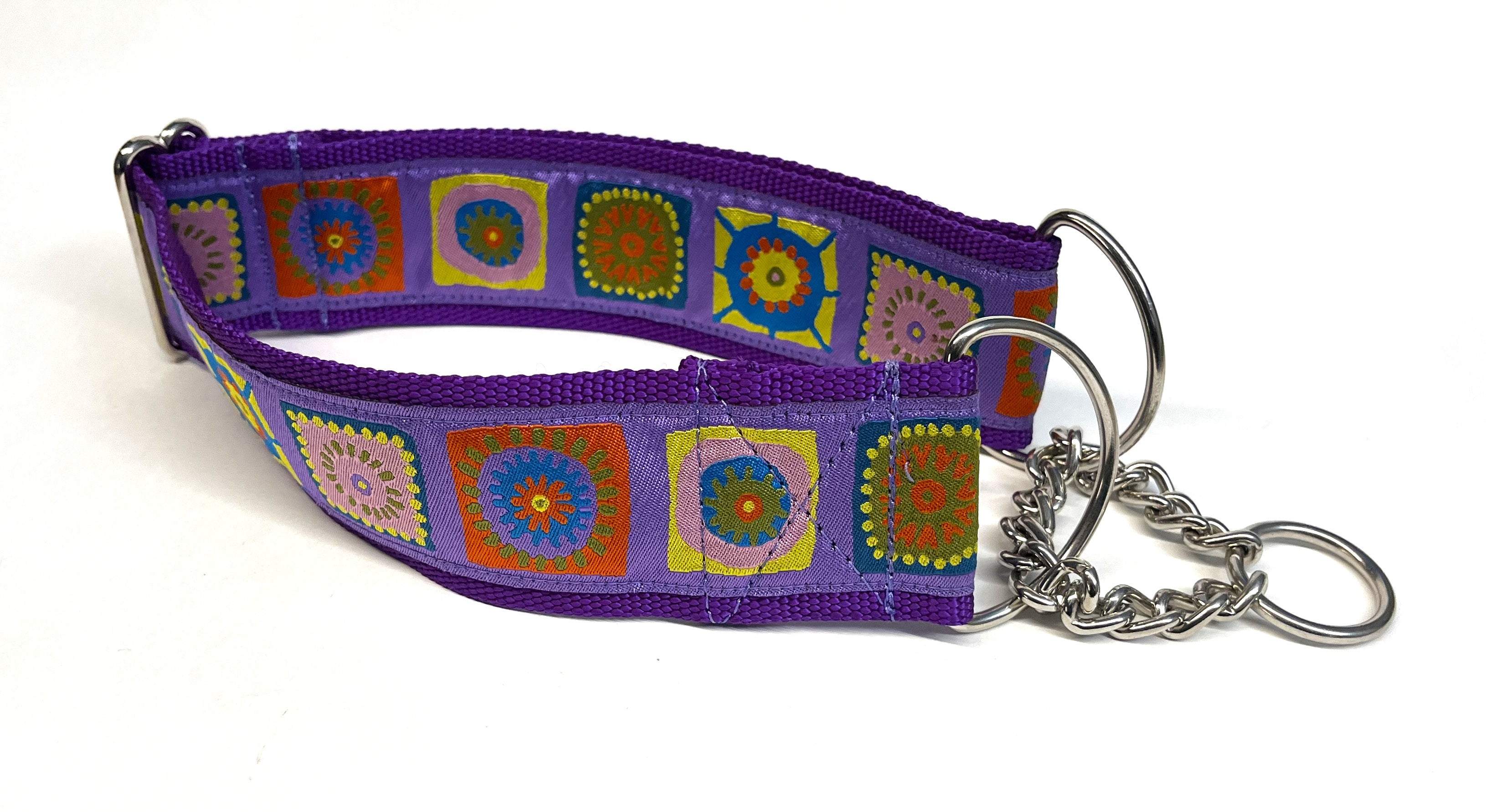 Lavender with Blue, Yellow, Pink, Orange, and Green Square Designs Chain Martingale Collar 2in