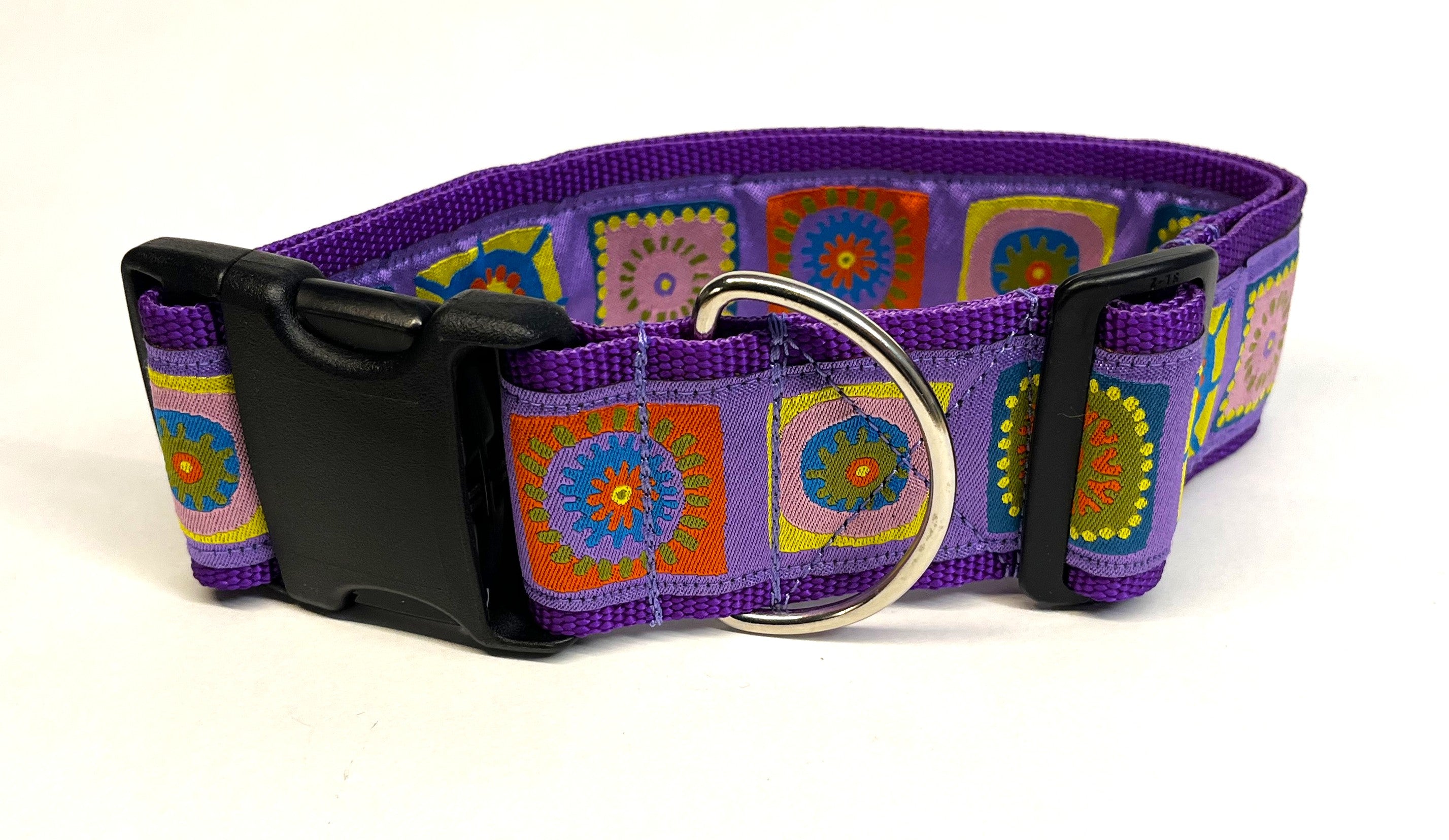 Lavender with Blue, Yellow, Pink, Orange, and Green Square Designs Dog Collar 2in