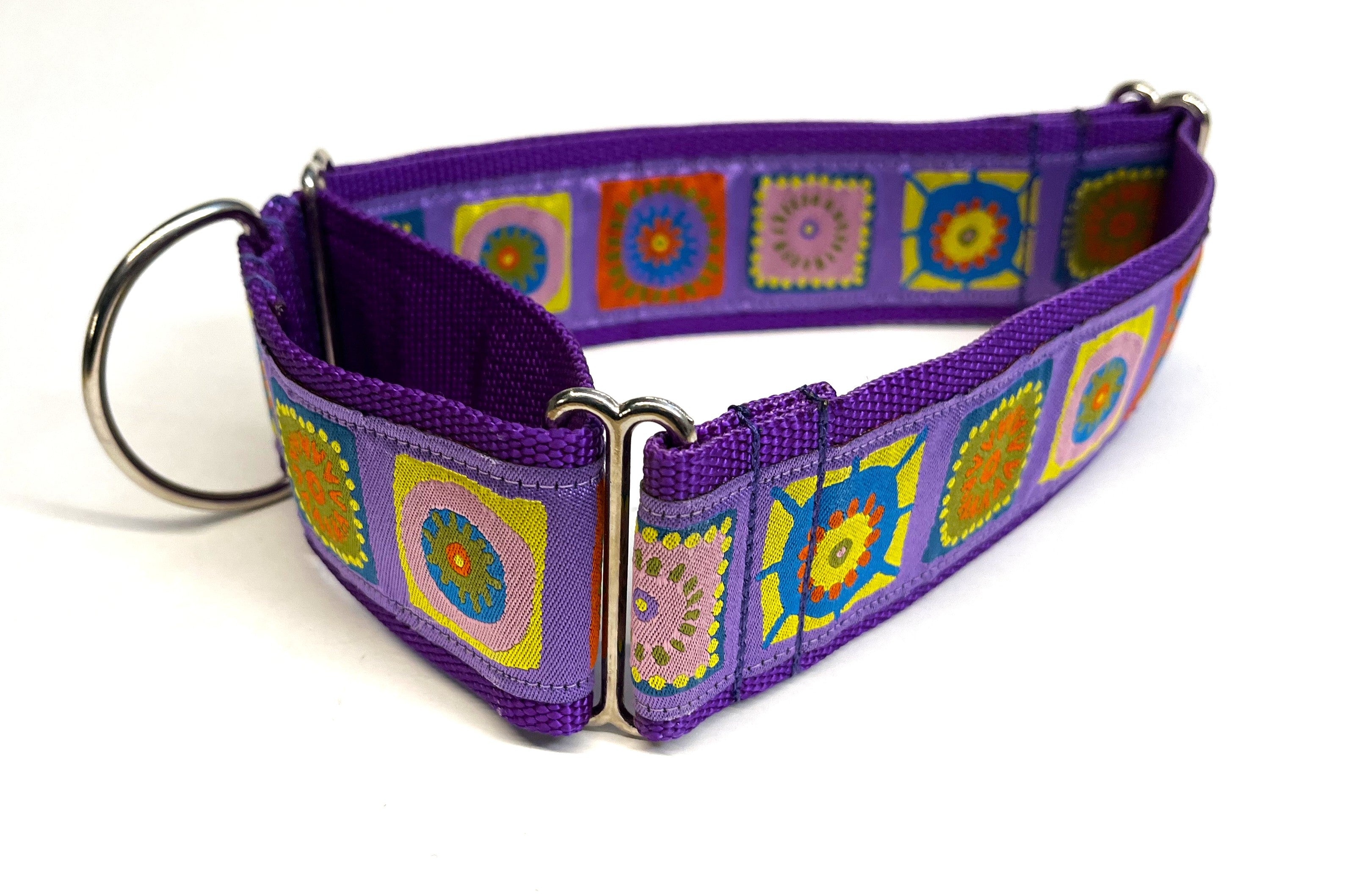 Lavender with Blue, Yellow, Pink, Orange, and Green Square Designs Martingale Collar 2in
