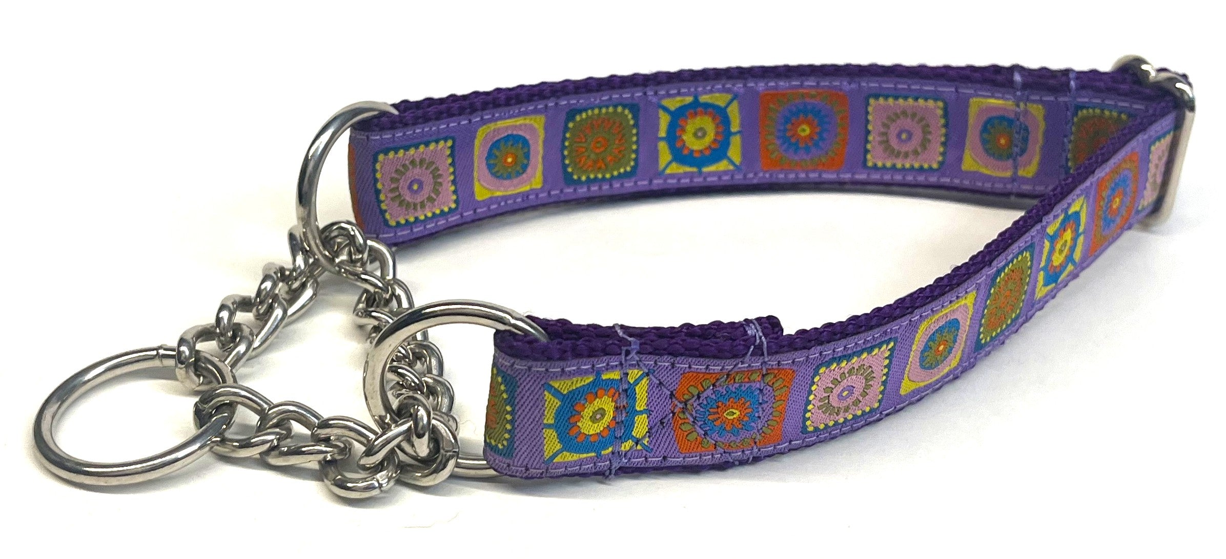 Lavender with Blue, Yellow, Pink, & Red Square Designs Chain Martingale Collar 1in