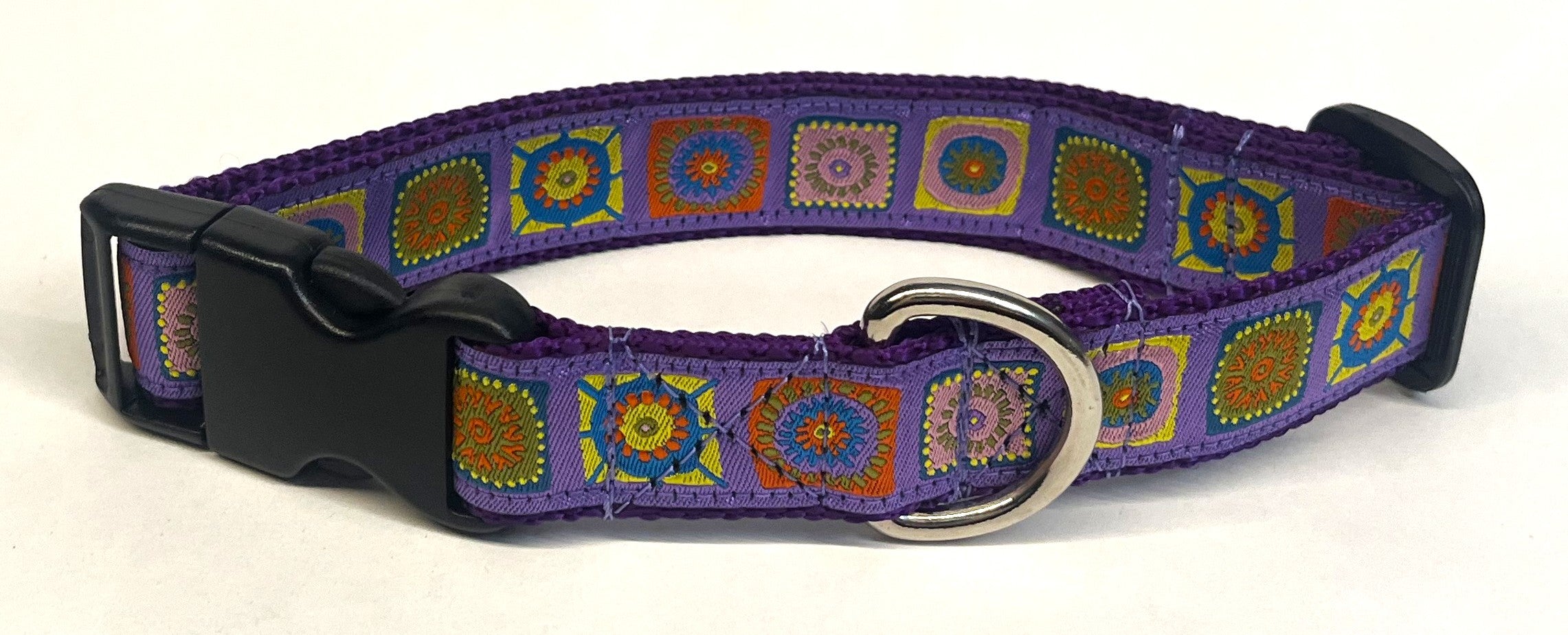 Lavender with Blue, Yellow, Pink, & Red Square Designs Dog Collar 1in