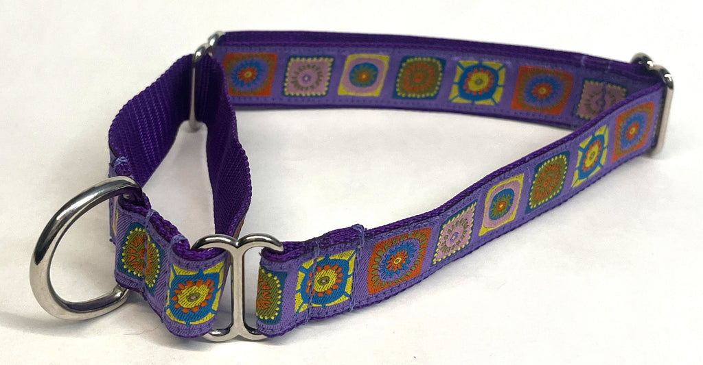 Lavender with Blue, Yellow, Pink, & Red Square Designs Martingale Collar 1in