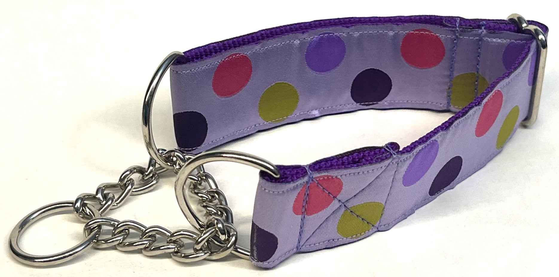 Lavender with Pink, Green, Purple, and Lavender Dots Chain Martingale Collar 1 1/2 in