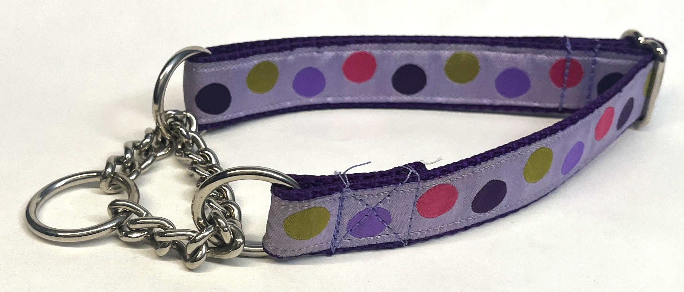 Lavender with Pink, Green, Purple, & Lavender Dots Chain Martingale Collar 1in