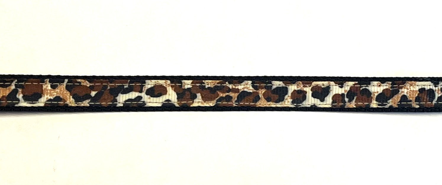 Leopard print dog collar on black webbing, 1/2 inch width