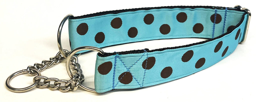 Light Blue with Brown Dots Chain Martingale Collar 1 1/2 in