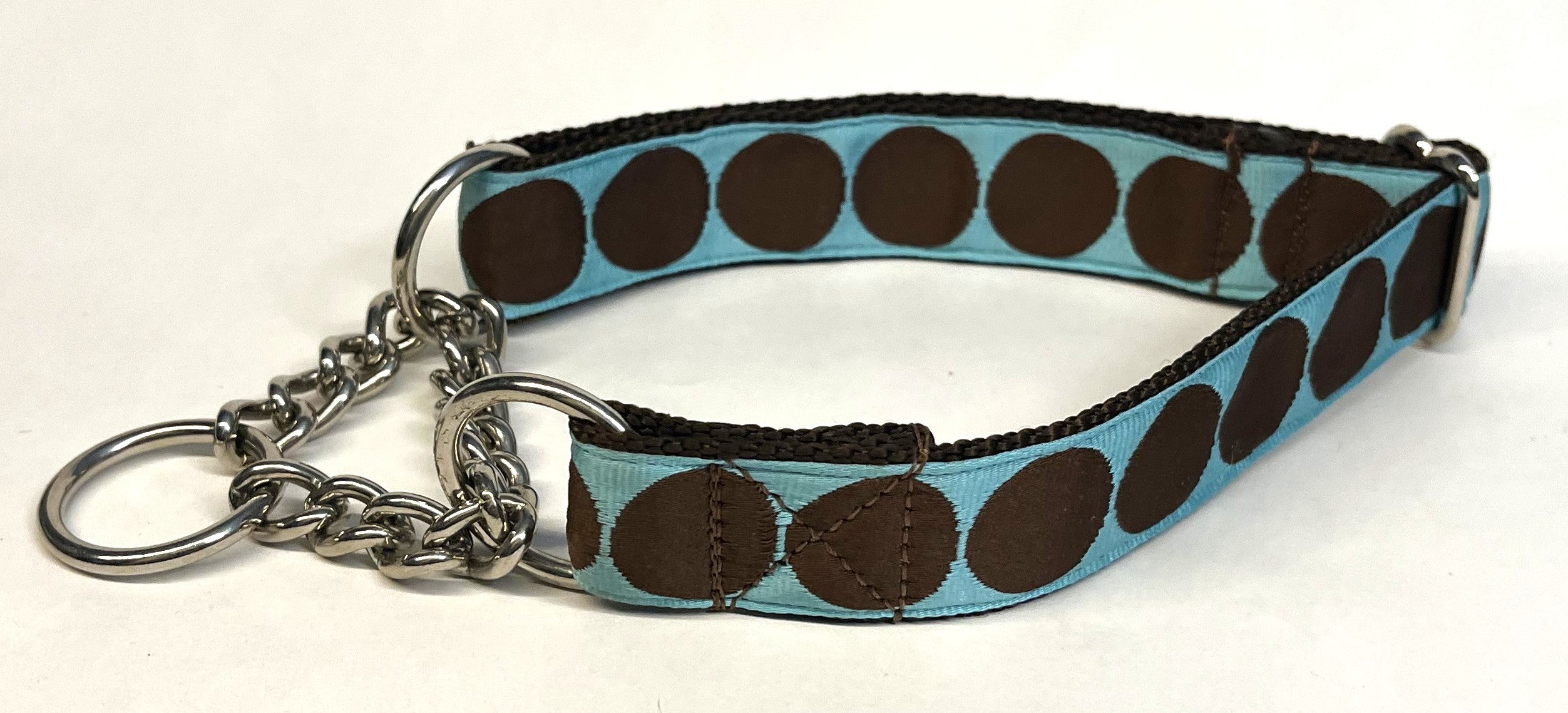 Light Blue with Brown Large Dot Chain Martingale Collar 1in